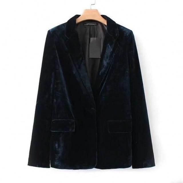 1-Button Velvet Blazer Women - Casual - Plain-Solid