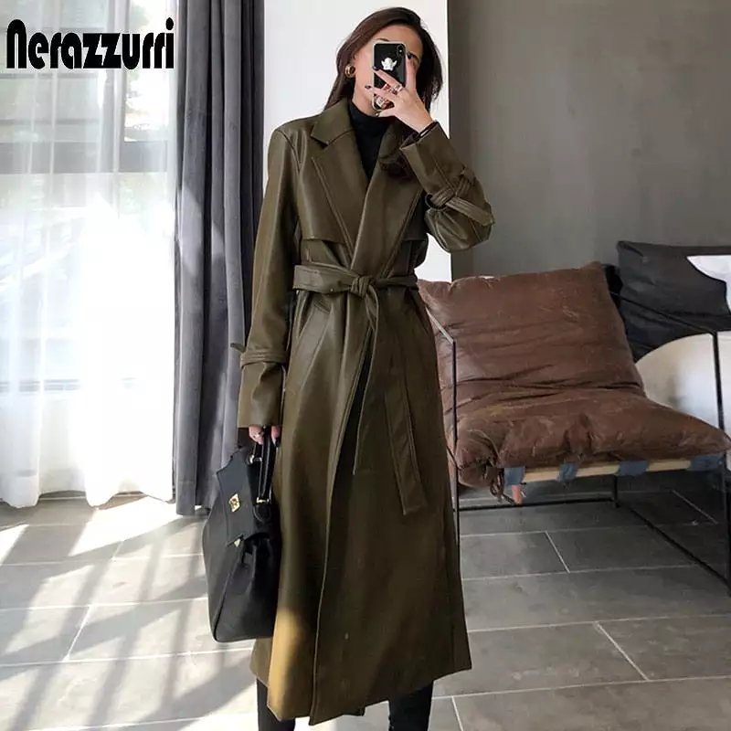 2023 Autumn long oversized leather trench coat for women 2023 long sleeve sashes Loose faux leather coats women fashion