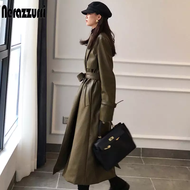 2023 Autumn long oversized leather trench coat for women 2023 long sleeve sashes Loose faux leather coats women fashion