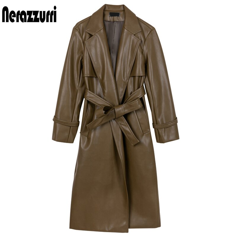 2023 Autumn long oversized leather trench coat for women 2023 long sleeve sashes Loose faux leather coats women fashion