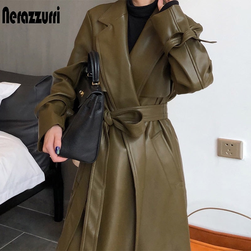 2023 Autumn long oversized leather trench coat for women 2023 long sleeve sashes Loose faux leather coats women fashion