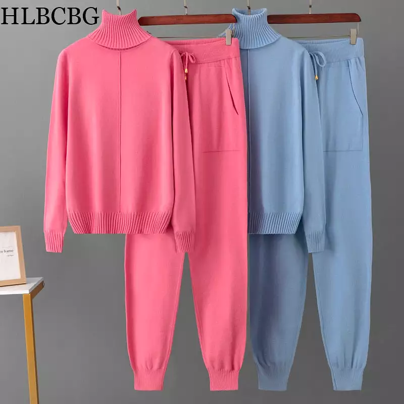 2023 New 2 Pieces Set Women Knitted Tracksuit Turtleneck Sweater Carrot Jogging Pants Pullover Sweater Set CHIC Knitted Outwear