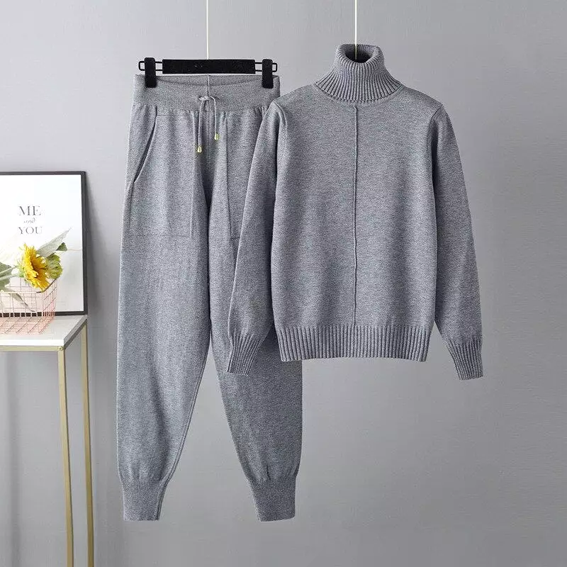 2023 New 2 Pieces Set Women Knitted Tracksuit Turtleneck Sweater Carrot Jogging Pants Pullover Sweater Set CHIC Knitted Outwear