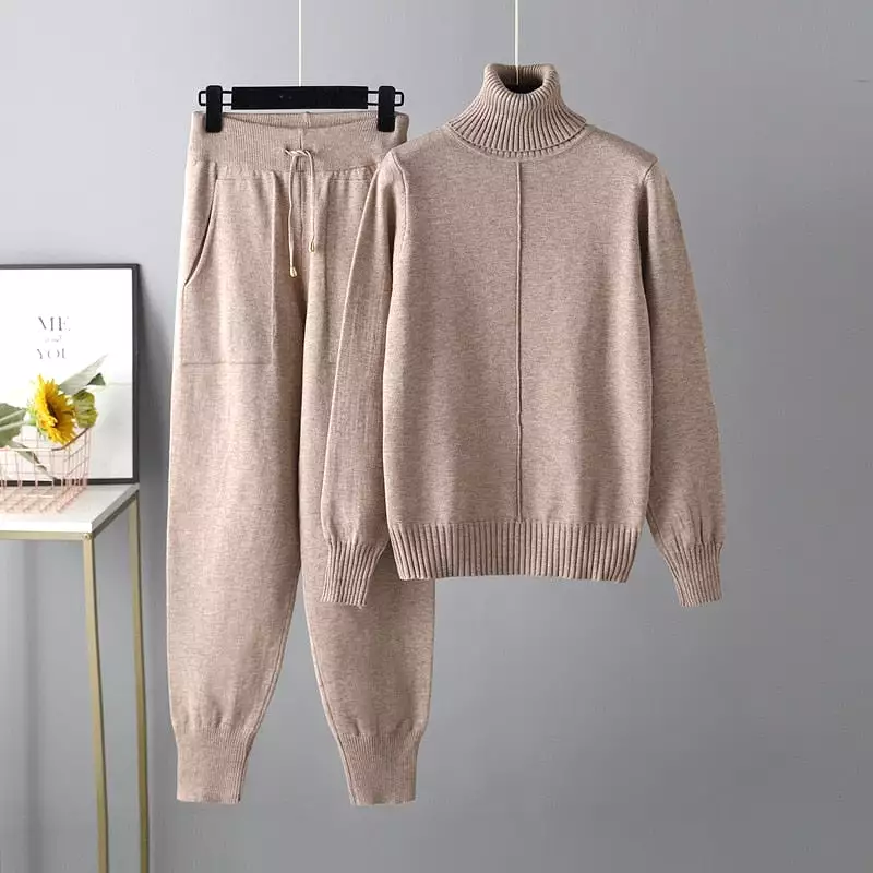 2023 New 2 Pieces Set Women Knitted Tracksuit Turtleneck Sweater Carrot Jogging Pants Pullover Sweater Set CHIC Knitted Outwear