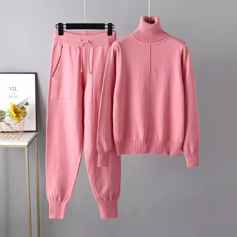 2023 New 2 Pieces Set Women Knitted Tracksuit Turtleneck Sweater Carrot Jogging Pants Pullover Sweater Set CHIC Knitted Outwear