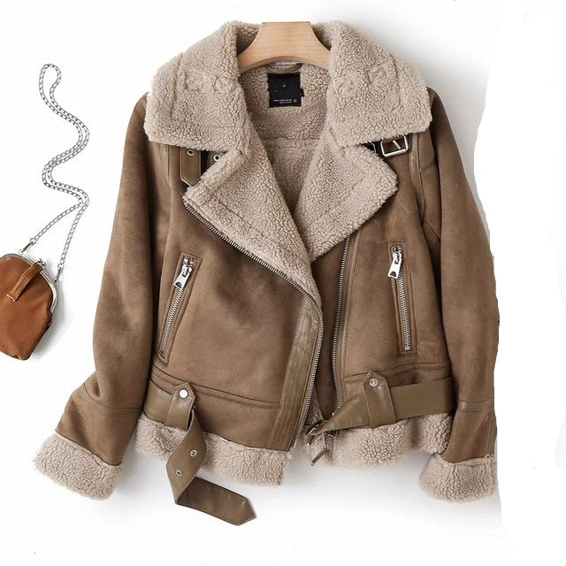 2023 New Winter Tops Women Suede Lambswool Biker Jackets