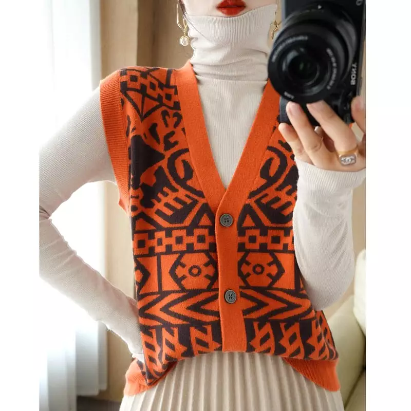 2023 Vintage Sweater Vest Loose V-Neck Knit Pullover Tank Top Tank Top Cashmere Sweater Women Autumn Sweater Vest Top