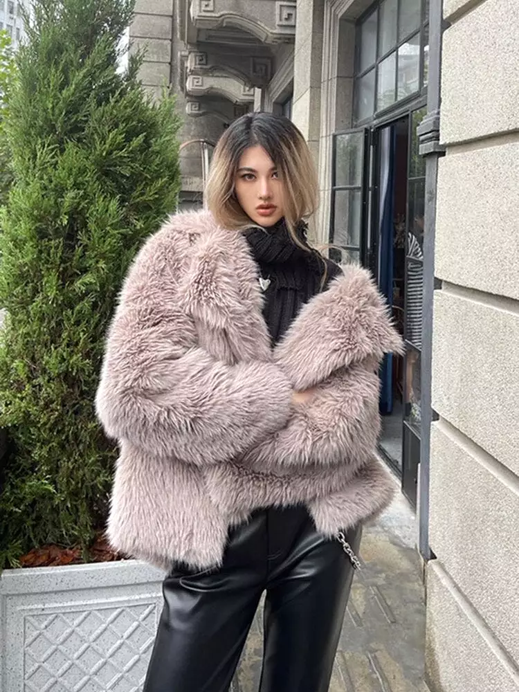 2023 Winter Warm Coat Women Mid Length Lapel Loose Faux Fox Fur Coat