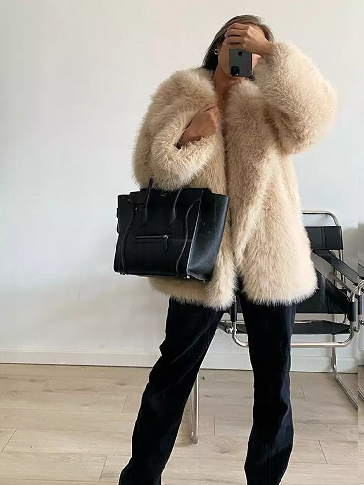 2023 Winter Warm Coat Women Mid Length Lapel Loose Faux Fox Fur Coat