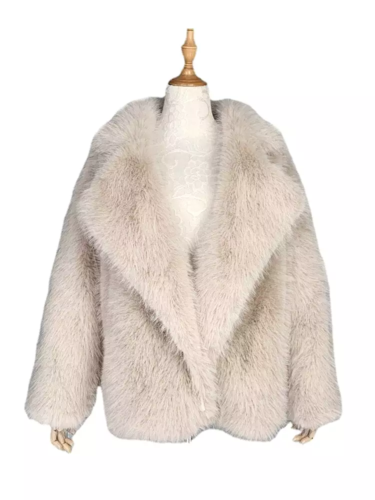 2023 Winter Warm Coat Women Mid Length Lapel Loose Faux Fox Fur Coat