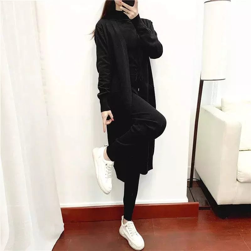 3 Piece Long Cardigan Women Pants Sweater Set