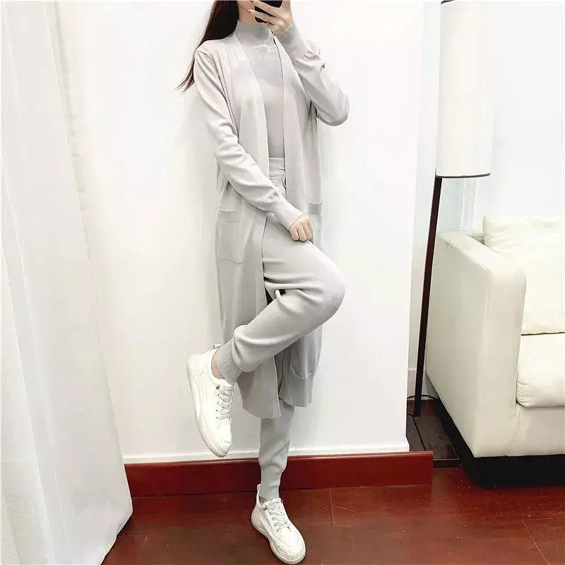 3 Piece Long Cardigan Women Pants Sweater Set