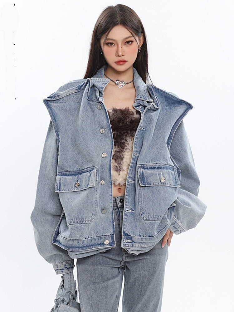 3D Shoulder INNOVATIVE Denim Jacket Oversize Long Sleeve Cool Coat For Women