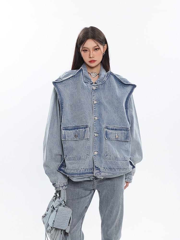 3D Shoulder INNOVATIVE Denim Jacket Oversize Long Sleeve Cool Coat For Women