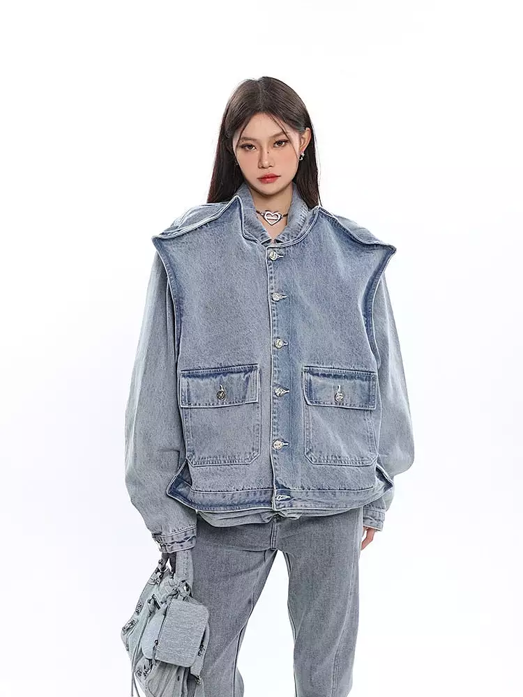 3D Shoulder INNOVATIVE Denim Jacket Oversize Long Sleeve Cool Coat For Women