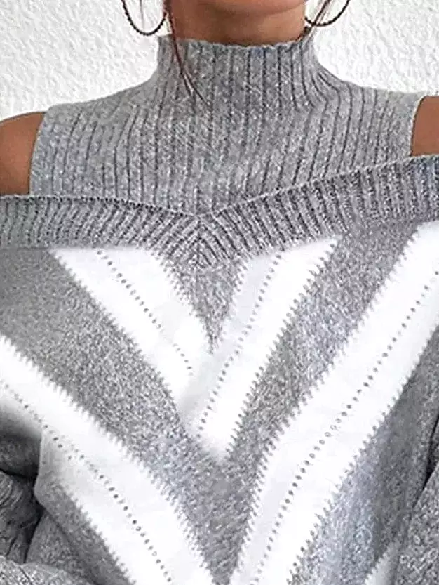 Argyle Gray Women's Turtleneck Crochet Knit Sweater