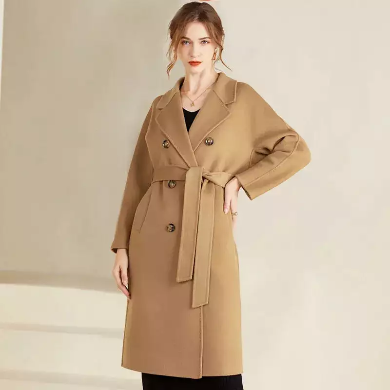 Ashore Shop Autumn and Winter New Cashmere Coat Women's Classic Double-breasted Women's Thickened Double-sided Wool Long Coat  M