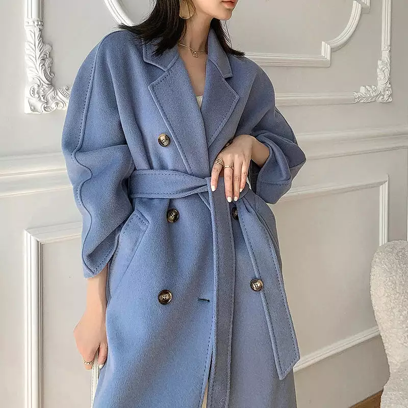 Ashore Shop Autumn and Winter New Cashmere Coat Women's Classic Double-breasted Women's Thickened Double-sided Wool Long Coat  M