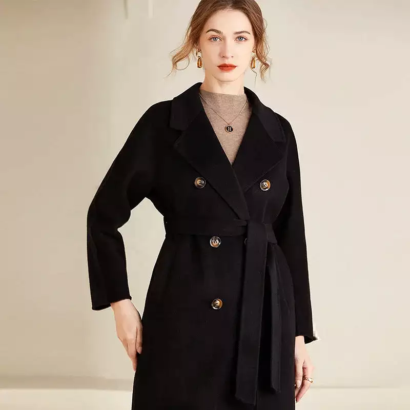 Ashore Shop Autumn and Winter New Cashmere Coat Women's Classic Double-breasted Women's Thickened Double-sided Wool Long Coat  M