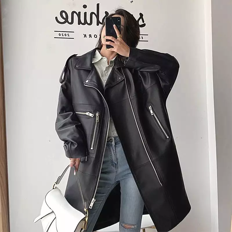 Ashore Shop  Autumn Oversized Black Long Womens Leather Biker Jacket Long Sleeve Spring Loose Faux Leather Coat Streetwear 2022