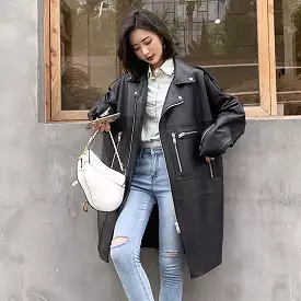 Ashore Shop  Autumn Oversized Black Long Womens Leather Biker Jacket Long Sleeve Spring Loose Faux Leather Coat Streetwear 2022