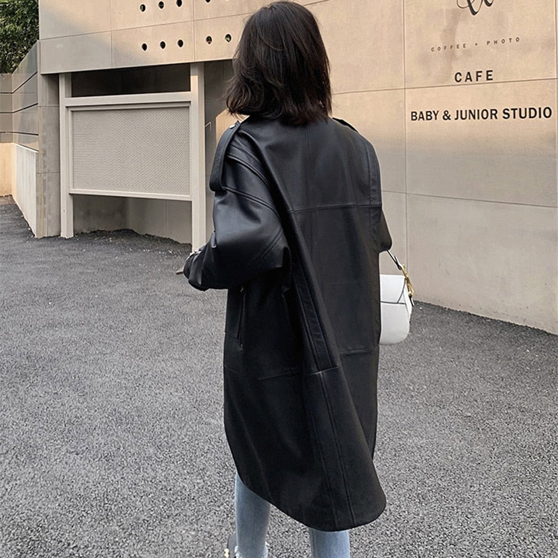 Ashore Shop  Autumn Oversized Black Long Womens Leather Biker Jacket Long Sleeve Spring Loose Faux Leather Coat Streetwear 2022