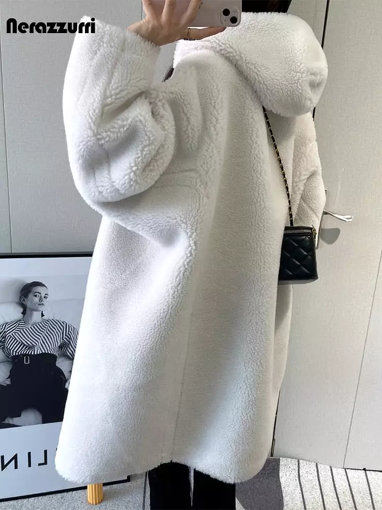 Ashore shop Autumn Winter Long Oversized Brown White Blue Thick Warm Soft Teddy Coat Women with Hood Stylish Faux Fur OverCoat 2