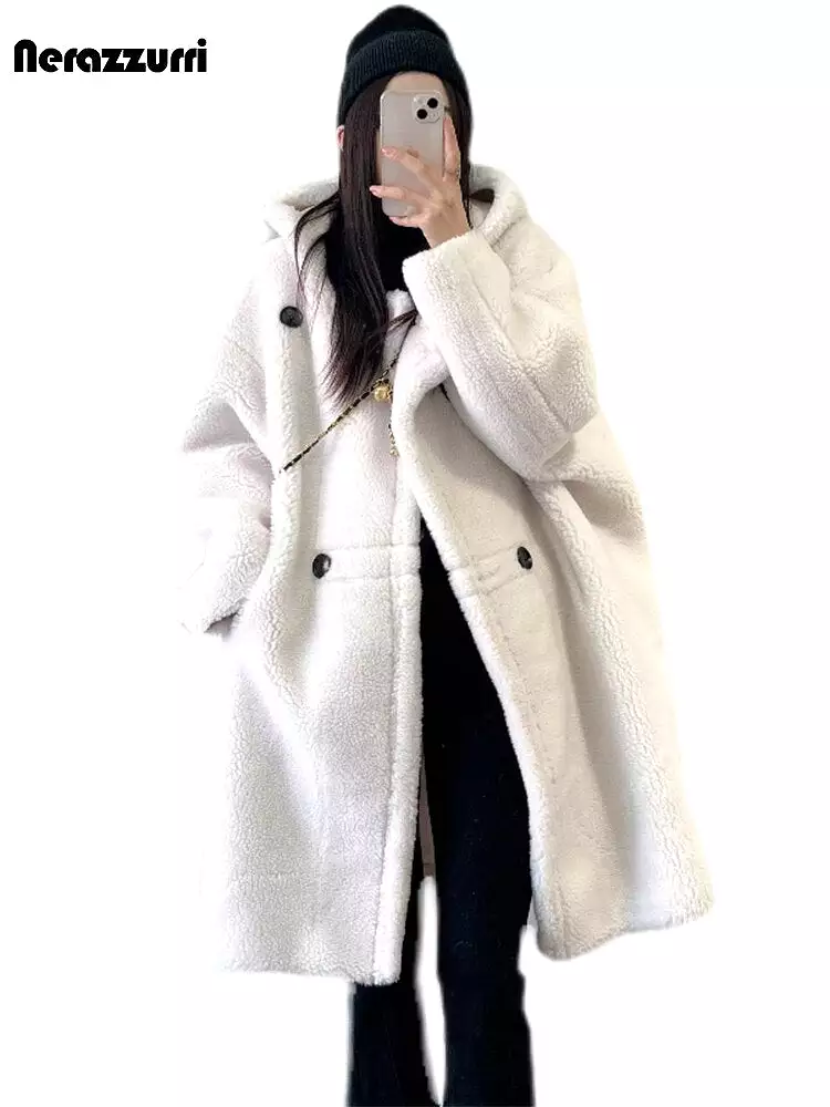 Ashore shop Autumn Winter Long Oversized Brown White Blue Thick Warm Soft Teddy Coat Women with Hood Stylish Faux Fur OverCoat 2