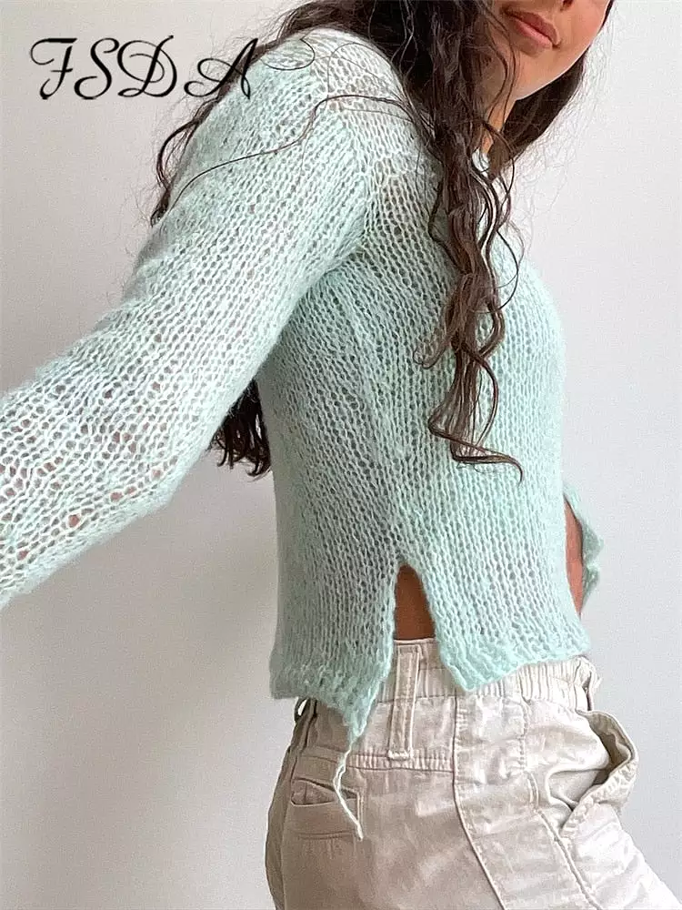 Ashore Shop Knitted Y2K Long Sleeve Sweater Tops Women Autumn Winter Casual Pullovers Slim Fitted Basic Crochet T Shirt Clothing