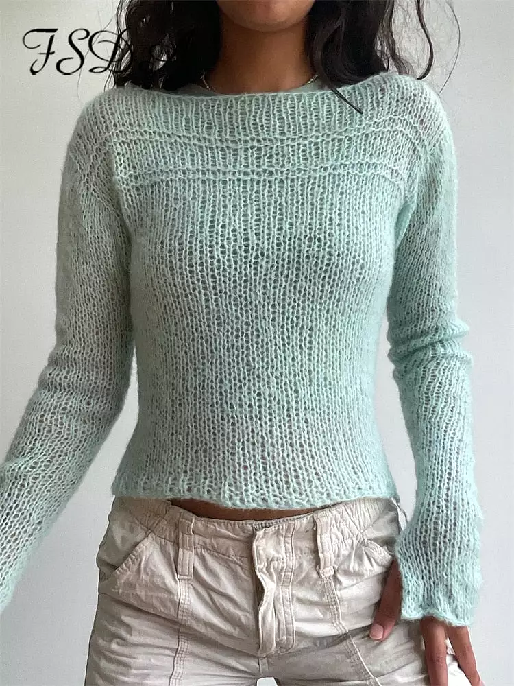 Ashore Shop Knitted Y2K Long Sleeve Sweater Tops Women Autumn Winter Casual Pullovers Slim Fitted Basic Crochet T Shirt Clothing