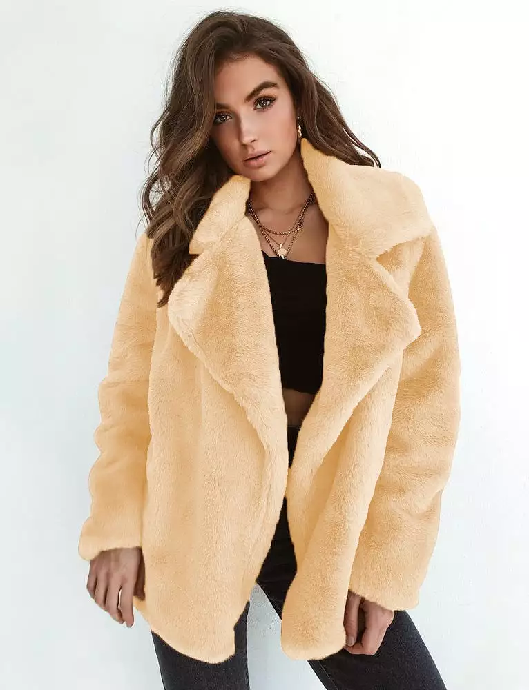 Ashore Shop New Women Faux Fur Elegant Brown Shaggy Coats Autumn Winter Warm Plush Teddy Coat Streetwear Female White Furry Fluf