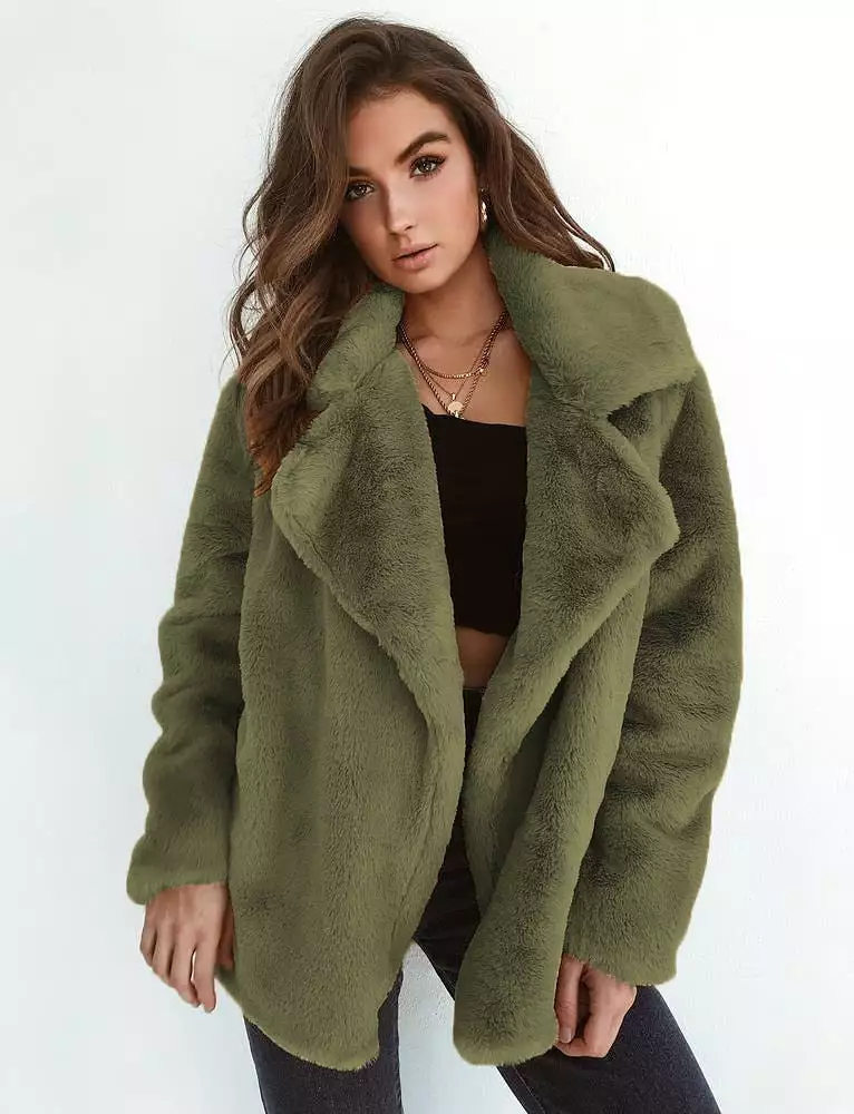 Ashore Shop New Women Faux Fur Elegant Brown Shaggy Coats Autumn Winter Warm Plush Teddy Coat Streetwear Female White Furry Fluf