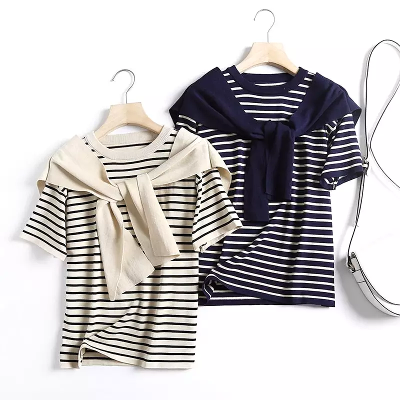 Ashoreshop Marian Stripe Attached Shawl Sweater Tops Women Summer Autumn