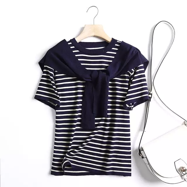 Ashoreshop Marian Stripe Attached Shawl Sweater Tops Women Summer Autumn