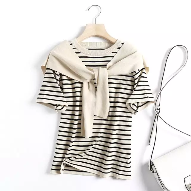 Ashoreshop Marian Stripe Attached Shawl Sweater Tops Women Summer Autumn