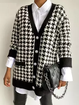 AshoreshopV Neck Women Vintage Black Houndstooth Cardigan 2023