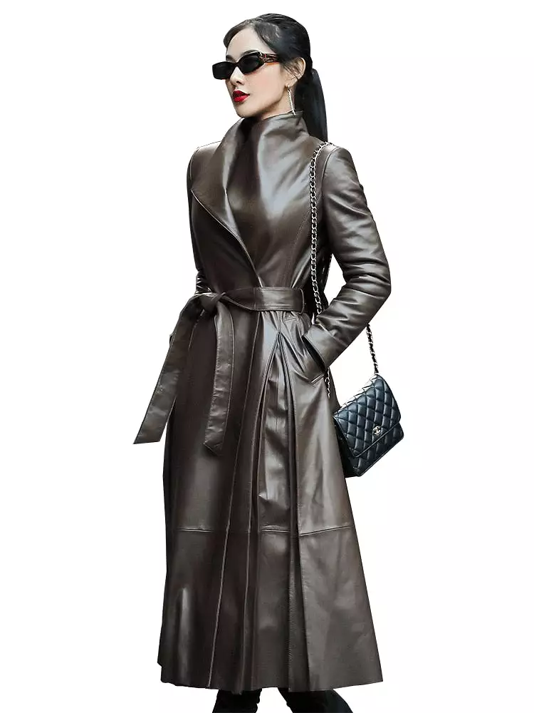 Autumn Long Brown Black Soft Faux Leather Trench Coat for Women Belt Skirted Elegant Luxury Fashion 5xl 6xl 7xl 2022