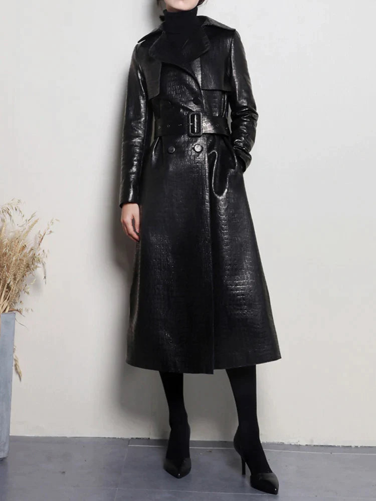 Autumn Long Shiny Reflective PU Leather Trench Coat for Women