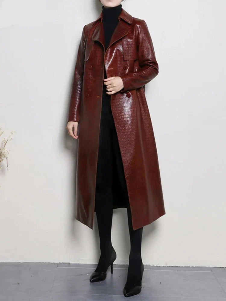 Autumn Long Shiny Reflective PU Leather Trench Coat for Women