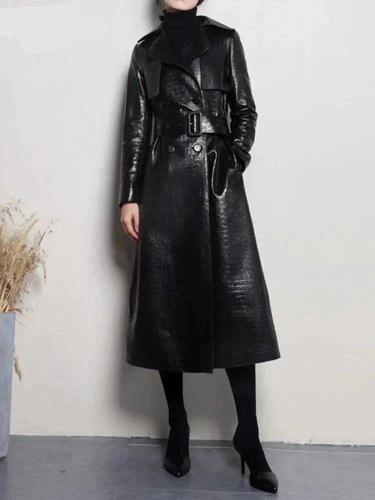 Autumn Long Shiny Reflective PU Leather Trench Coat for Women