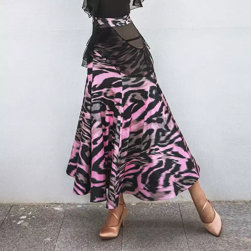 Ballroom Practice Skirt with Wrapped Horsehair Hem and Mesh Cutouts on Hips in Pink Animal Leopard Print or Polka Dot Floral Pri