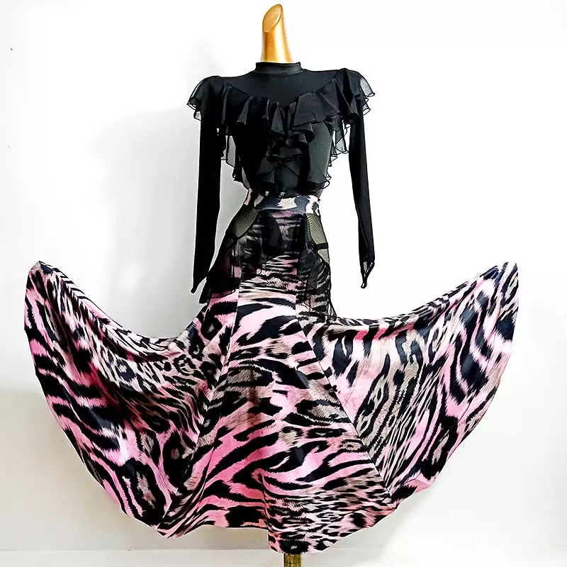 Ballroom Practice Skirt with Wrapped Horsehair Hem and Mesh Cutouts on Hips in Pink Animal Leopard Print or Polka Dot Floral Pri