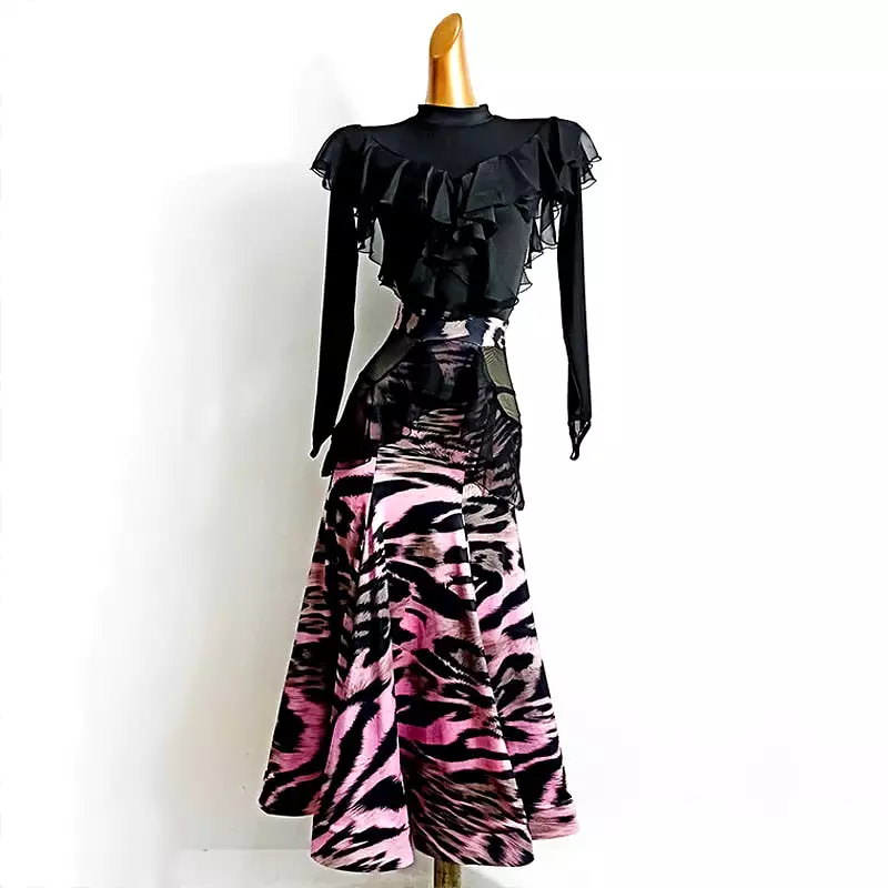 Ballroom Practice Skirt with Wrapped Horsehair Hem and Mesh Cutouts on Hips in Pink Animal Leopard Print or Polka Dot Floral Pri