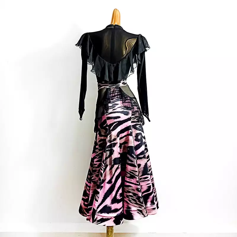 Ballroom Practice Skirt with Wrapped Horsehair Hem and Mesh Cutouts on Hips in Pink Animal Leopard Print or Polka Dot Floral Pri