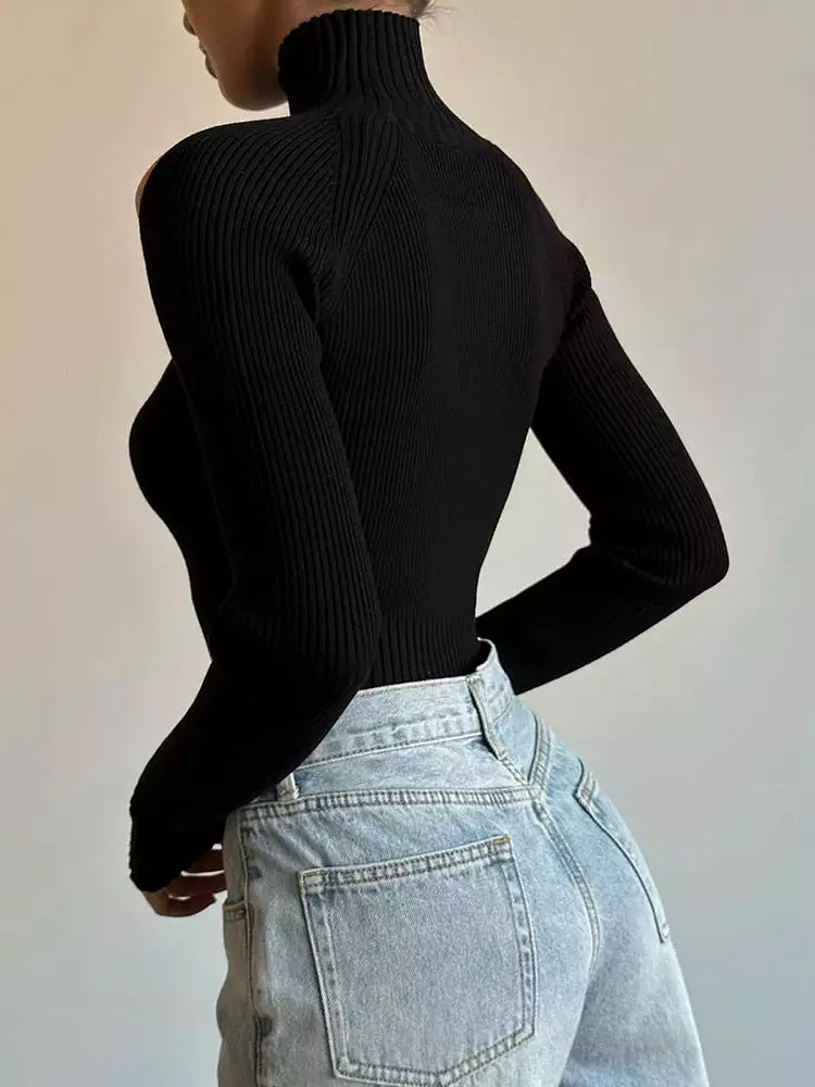 Basic Black Turtleneck Sweater Pullovers Hollow Out Off Shoulder Skinny Casual Sweaters Streetwear Women Knitwear Jumper