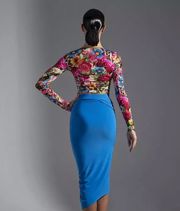 Beautiful Blue Latin Practice Skirt with High Slit and Gathered Detail PRA 587_sale