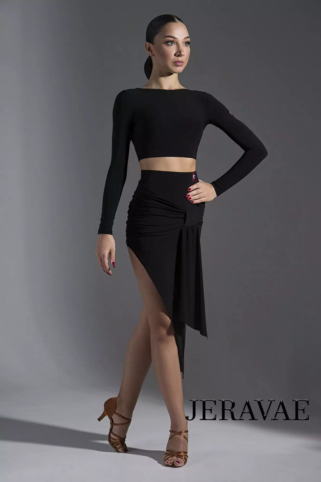 Black Latin Practice Skirt with Rouched 'Bow Detail and Long Side Pra602