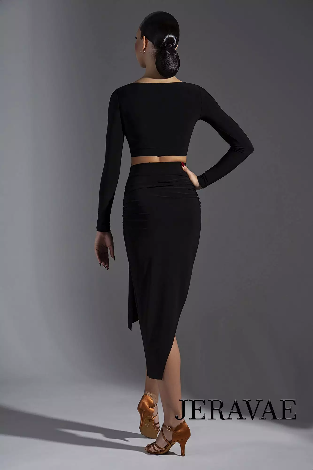 Black Latin Practice Skirt with Rouched 'Bow Detail and Long Side Pra602