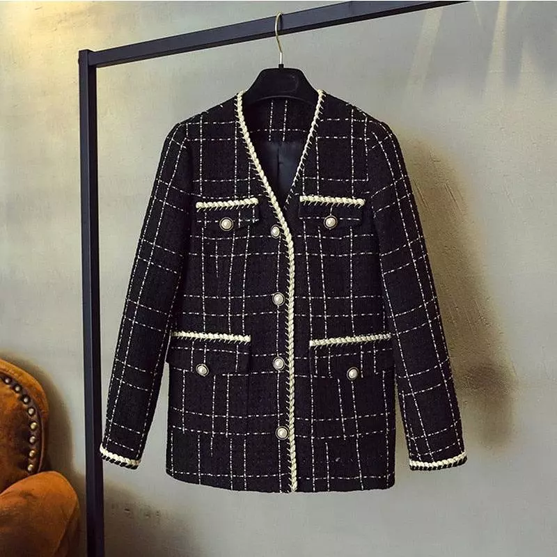 Black V-Neck Plaid Tweed Coat Women