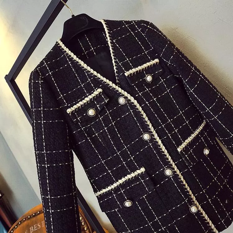 Black V-Neck Plaid Tweed Coat Women